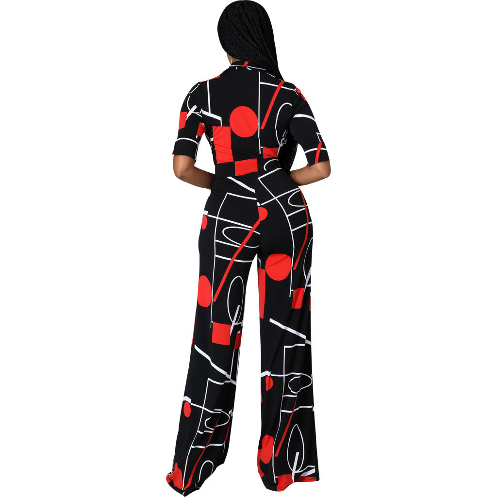 Mode Digitaldruck V-Ausschnitt Damen Jumpsuit lang