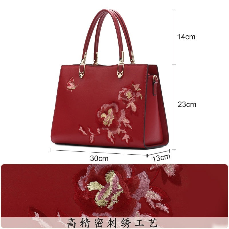 Anmutige und modische Diana-Tasche aus Leder mit chinesischer Pfingstrose und Schmetterlingsmotiv und großer Kapazität