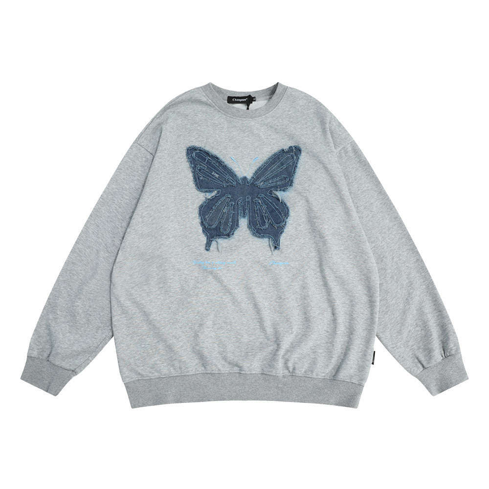 Denim Schmetterling Patch Rundhals Pullover Herbst Lose Straße