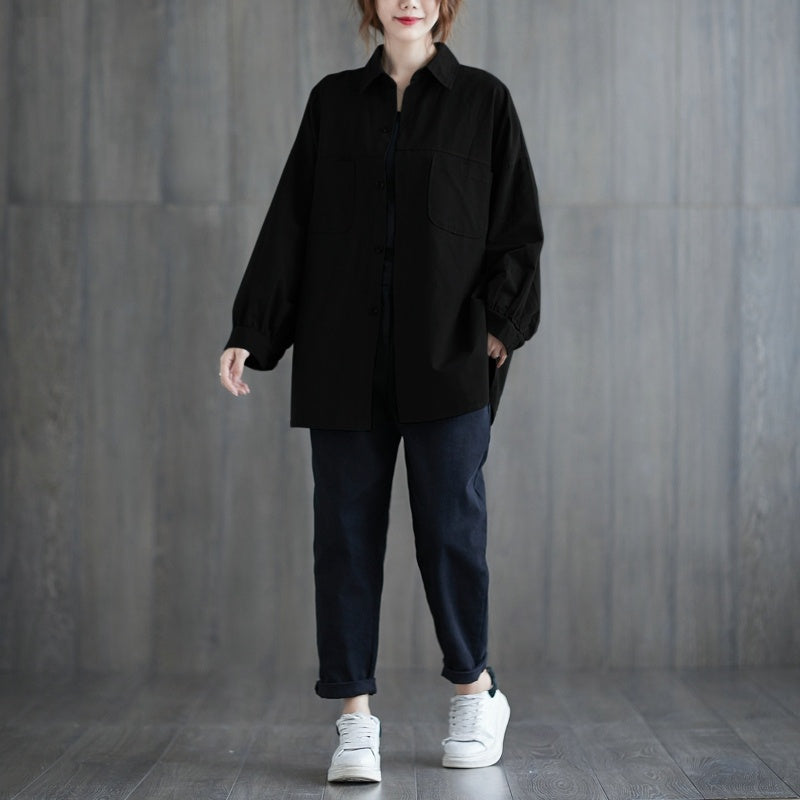 Solid Color Long-sleeved Shirt Jacket Plus Size Women's Clothing