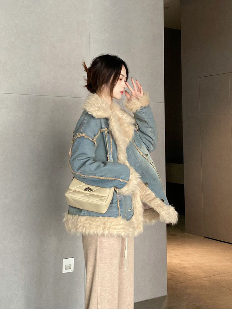 Denim Fur Collar Coat Women's Winter Hong Kong Style Vintage Top