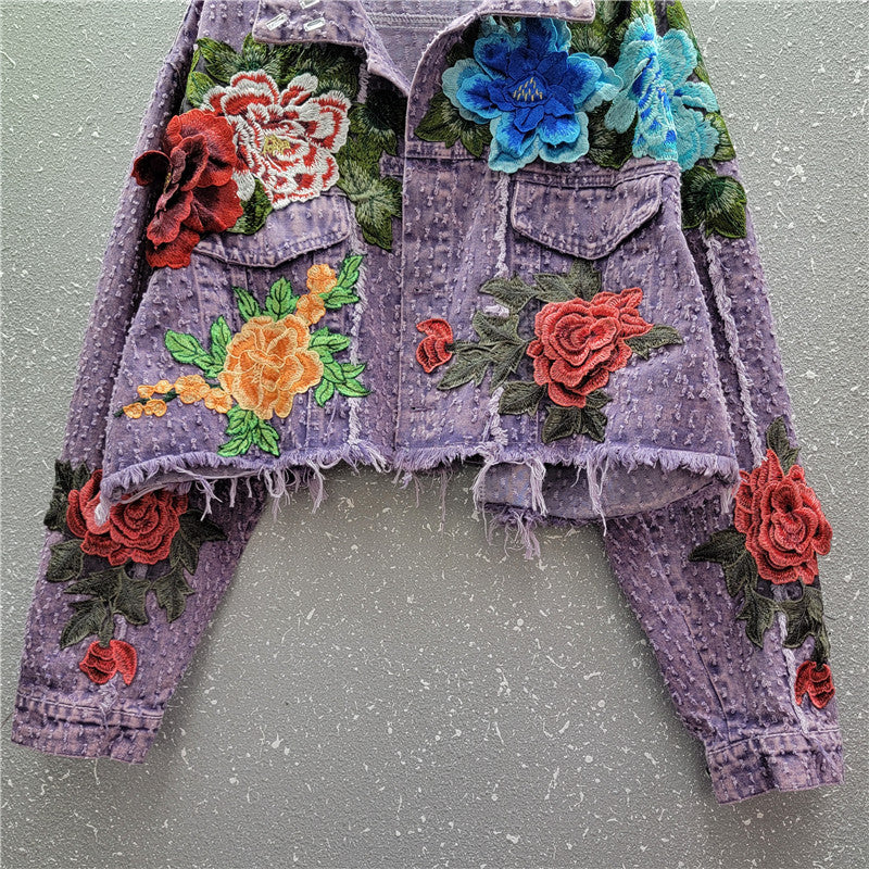 Design Sense Heavy Industry Three-dimensional Flower Short Frayed Hem Casual Denim Coat