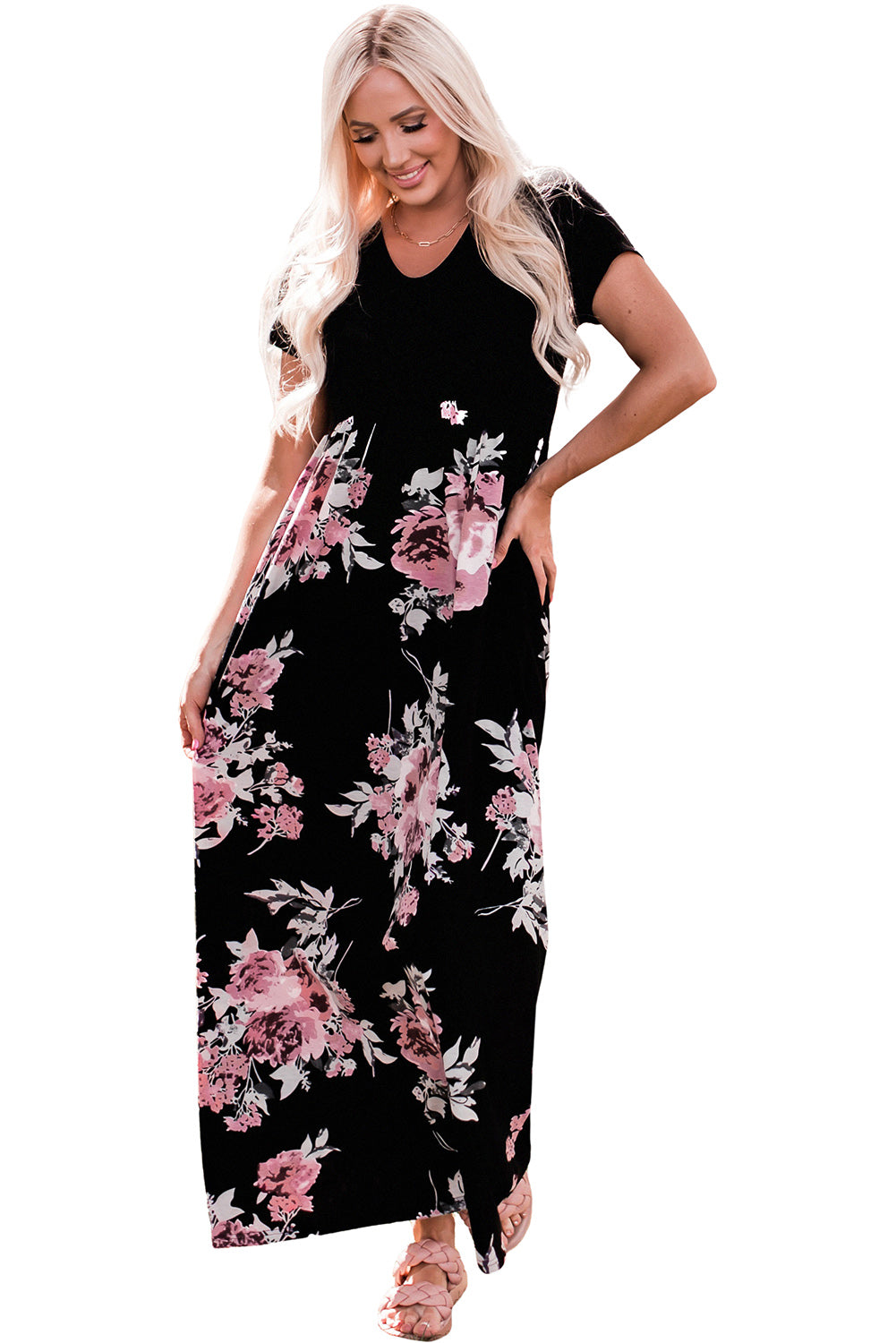 Black Contrast Floral Empire Waist Maxi Dress