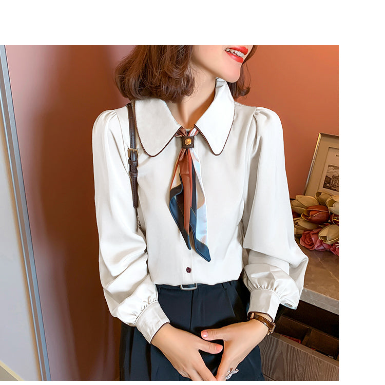 Doll Collar Silk Scarf Bow Tie Long Sleeve Shirt