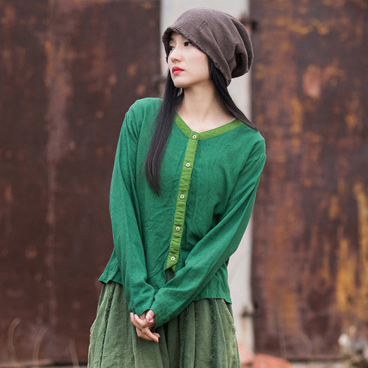 Artistic Retro Contrast Color Design Cotton And Linen New Round Neck Loose Shirt