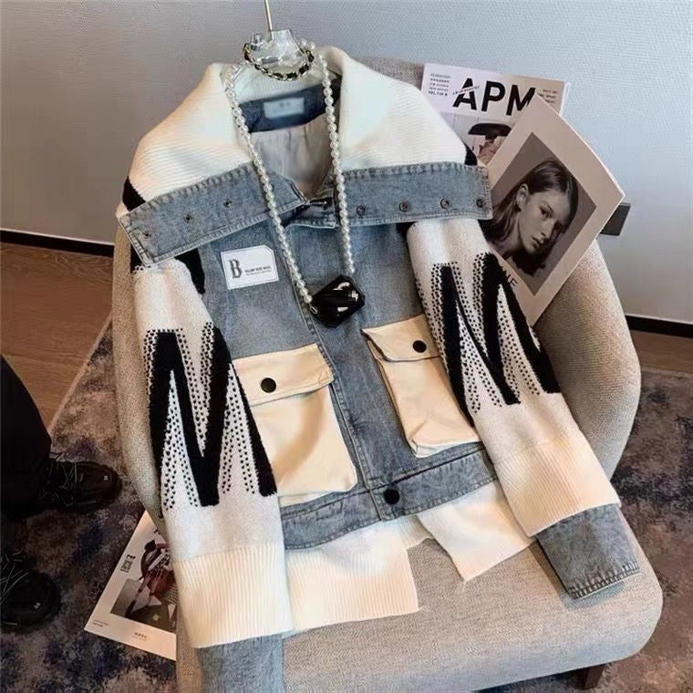 Sweater Patchwork Denim Jacket Spring And Autumn Leisure Design Sense