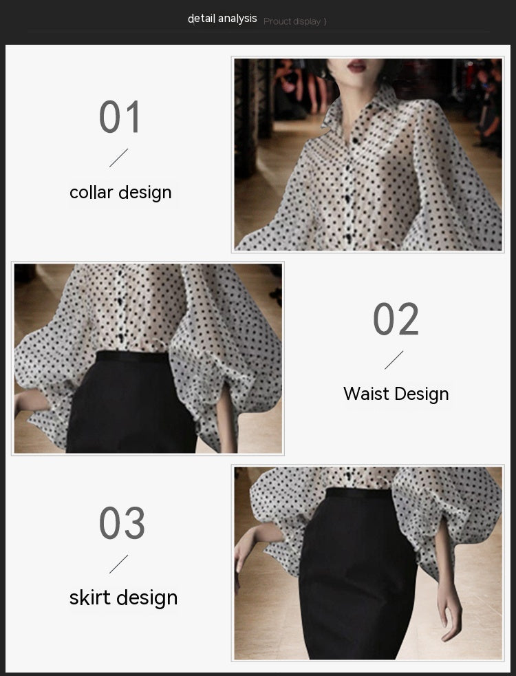 Female Organza Large Lantern Sleeve Polka Dot Perspective Shirt