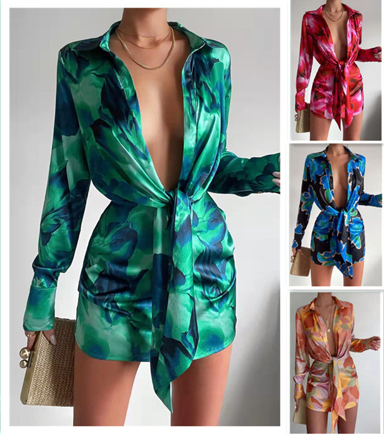 Women's Digital Print Button Down Long Sleeve Shirt Dress