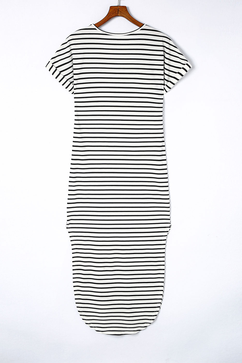 Black Striped Print Side Split Short Sleeve V Neck Maxi Dress