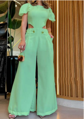 Summer Fashion Holes Button Zipper Waist Hollow Jumpsuit