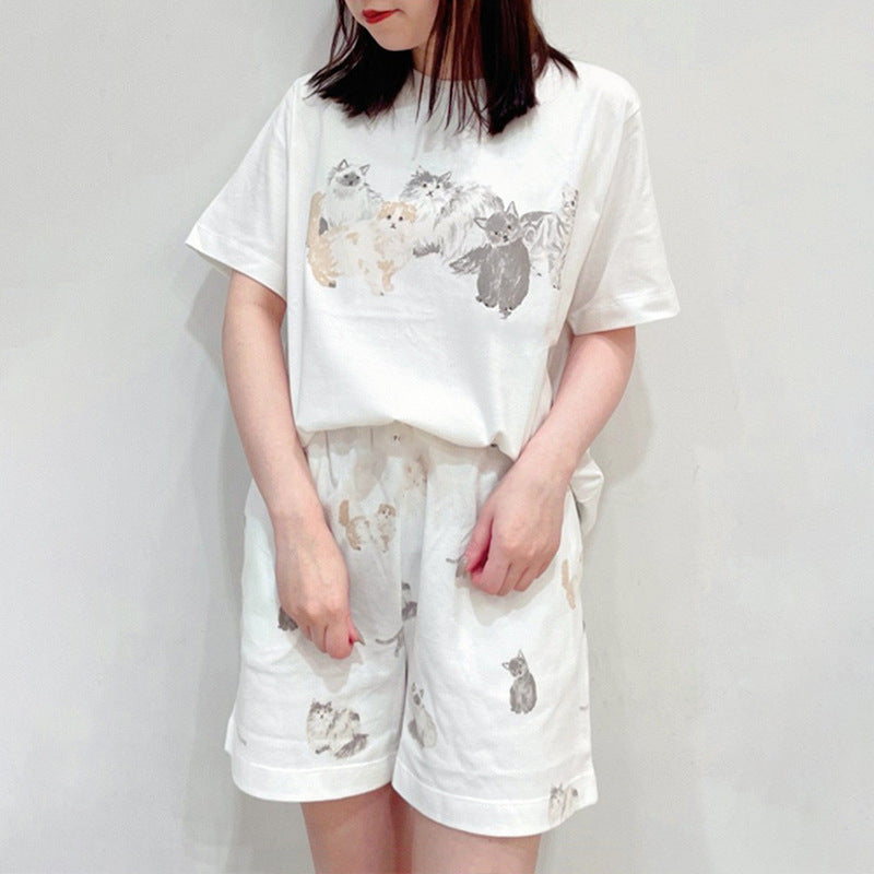 Summer Hand-painted Cat Short Comfortable Loose Home Wear Suit