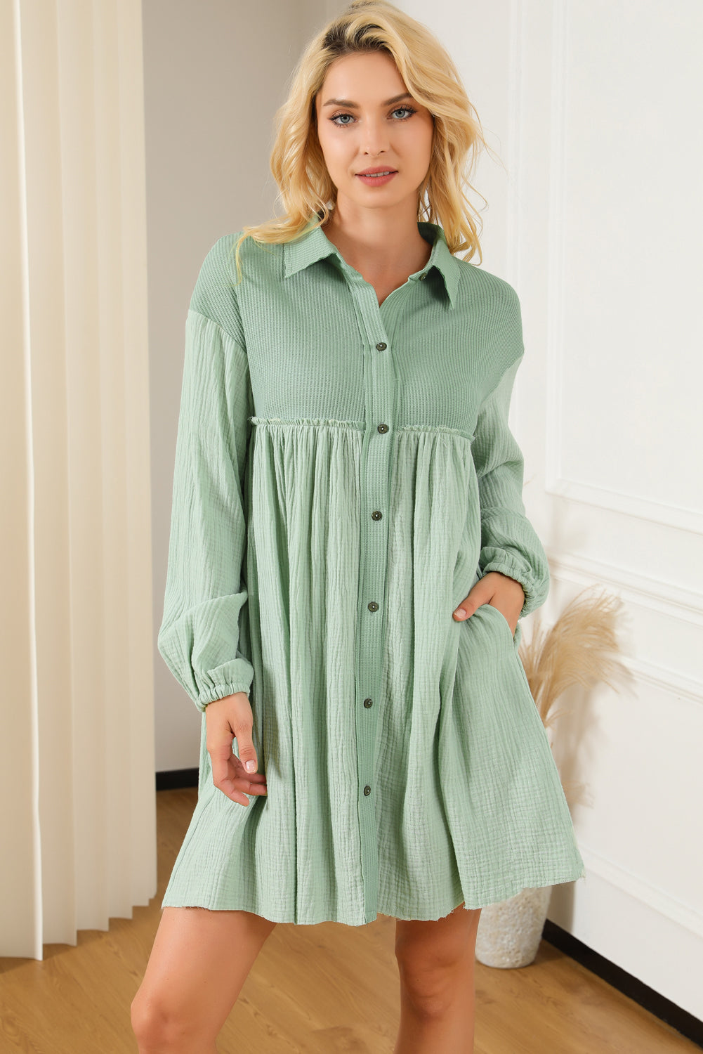 Green Patchwork Crinkle Puff Sleeve Shirt Dress