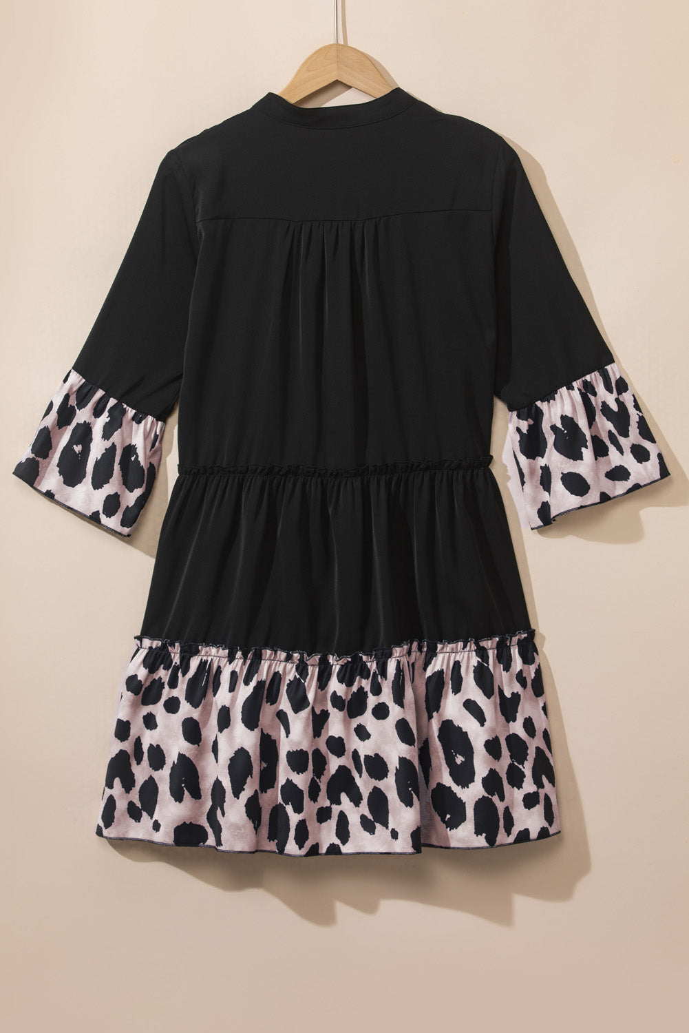 Black Leopard Trim V Neck Ruffled Sleeve Flared Dress