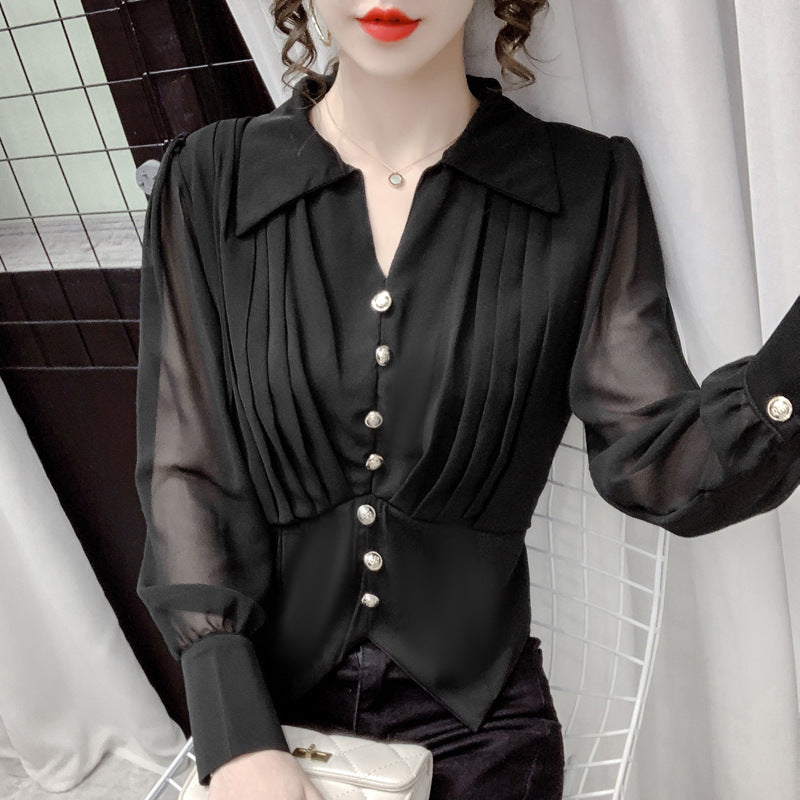 Chiffon Long Sleeve Shirt Ladies Casual Single Breasted Pleated Lapel Semi