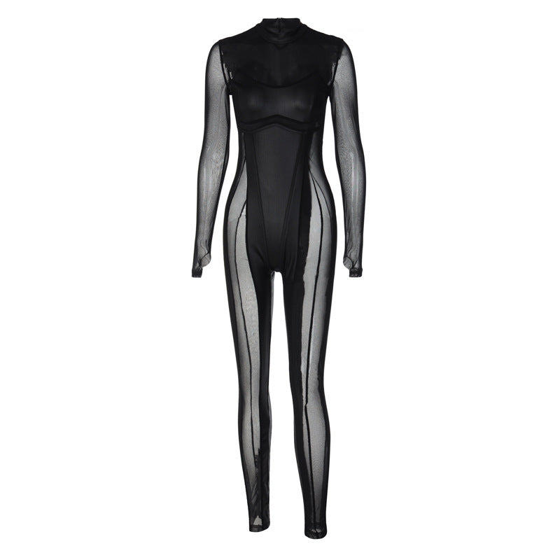 Durchsichtiger, langer, sexy, enger schwarzer Jumpsuit aus Patchwork-Netzstoff für Damen