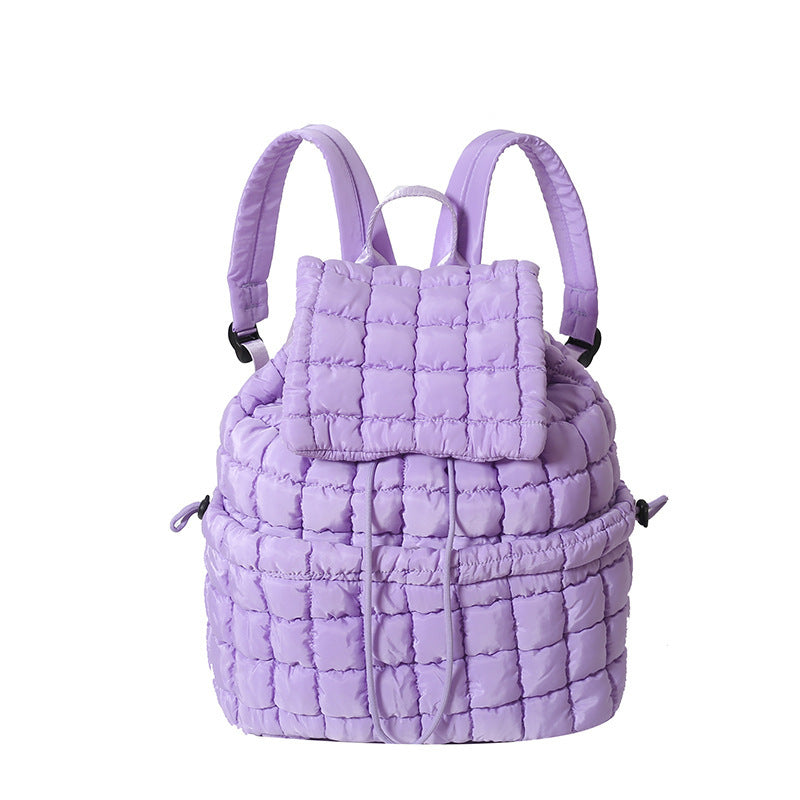 Mochila acolchada de color caramelo para mujer, bolso escolar acolchado de plumón, mochila grande de viaje de algodón, bolso de hombro a cuadros para mujer