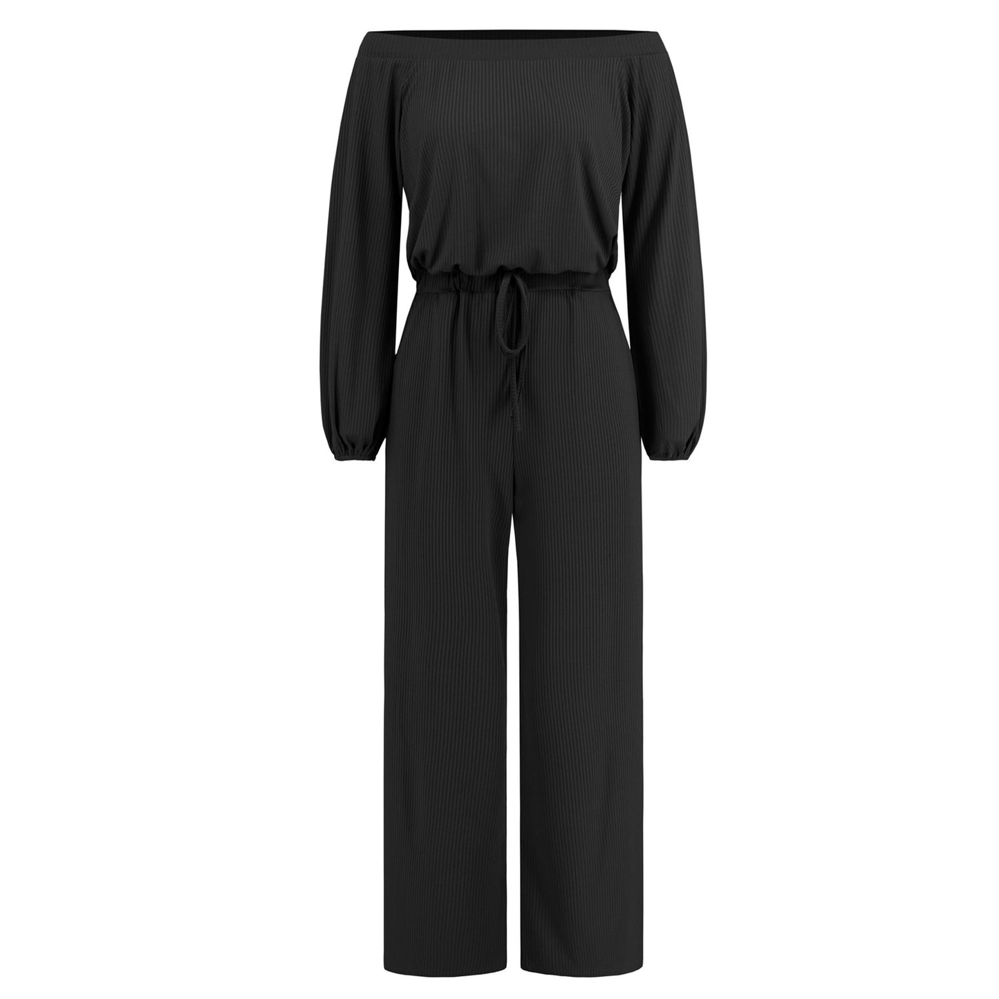 Lässiger schulterfreier, langärmliger, taillenformender Jumpsuit mit Schnürung und weitem Bein