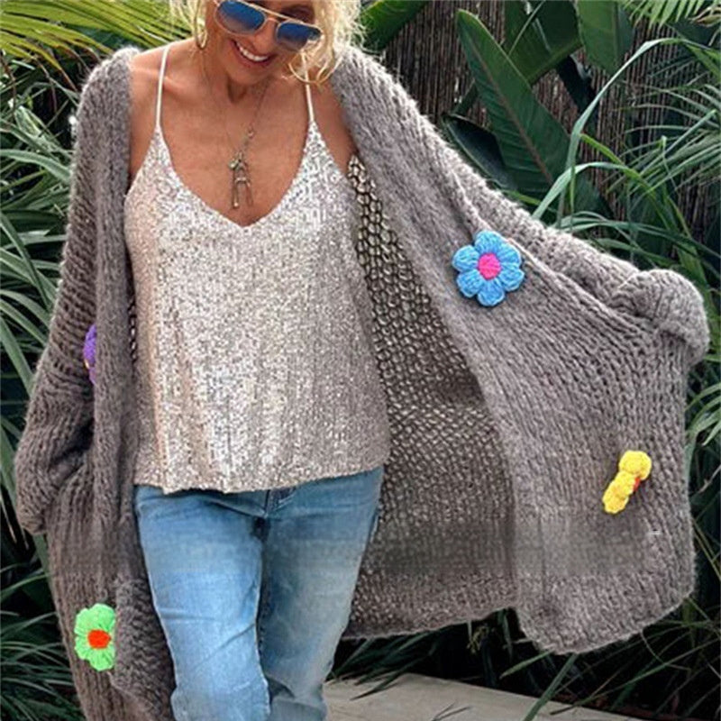 Hand Crocheting Flowers Long Cardigan Jacket Idle Style Casual Loose Women's Sweater