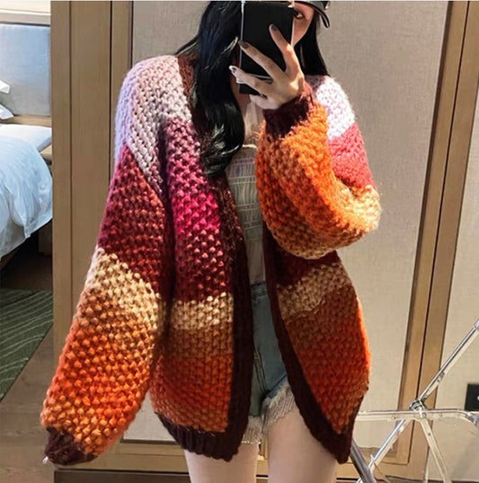 Abrigo de suéter de aguja gruesa Cárdigan de suéter de color de contraste a rayas de arcoíris