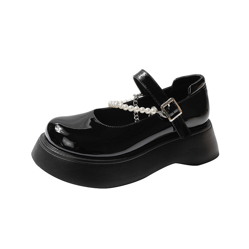 Zapatos Mary Jane de cuero con suela gruesa y cadena de perlas desmontables para mujer, estilo británico, tamaño pequeño