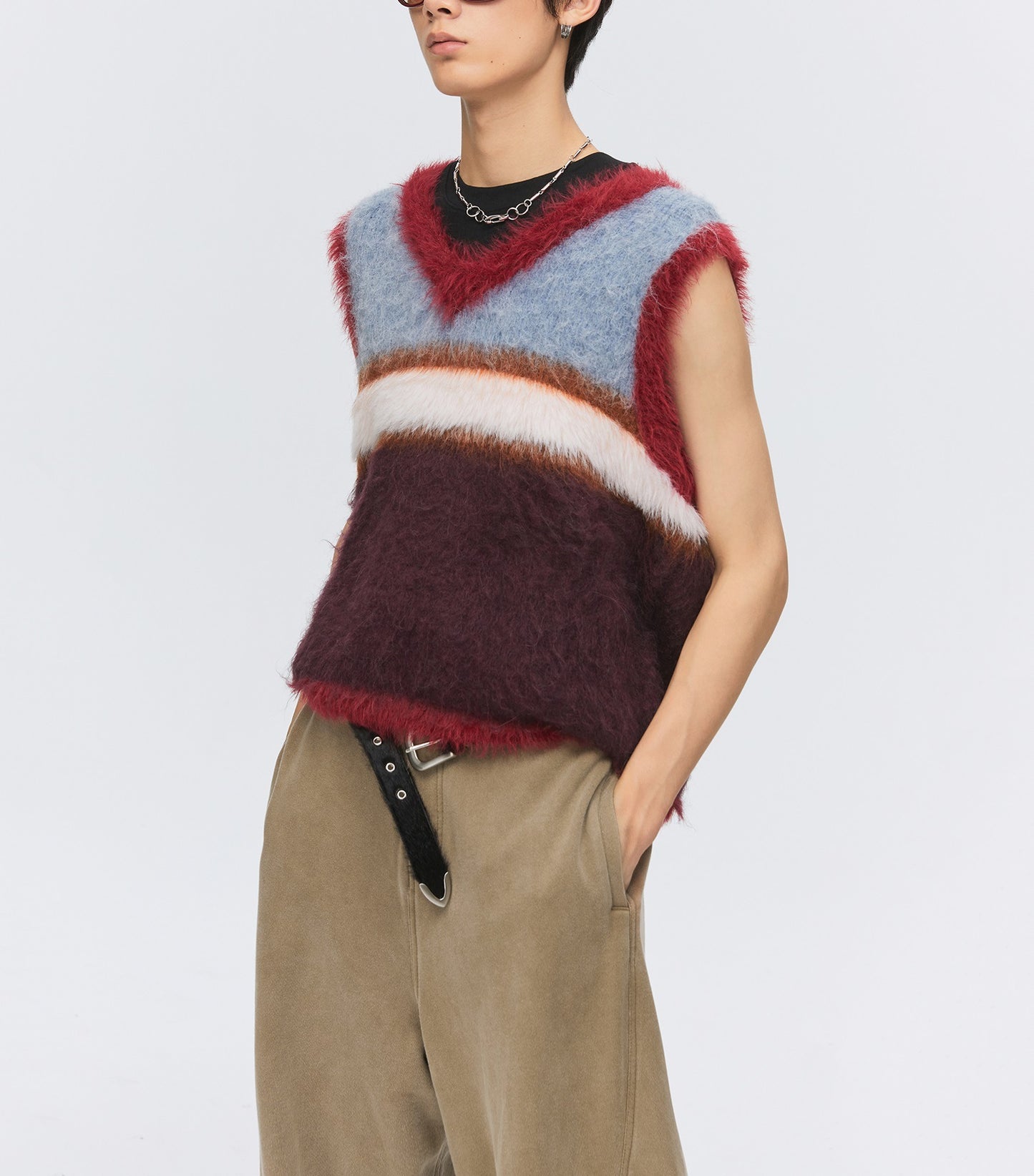 Wool Blended Long Velvet Wool Contrast Color Striped Knitted V-neck Vest Sweater