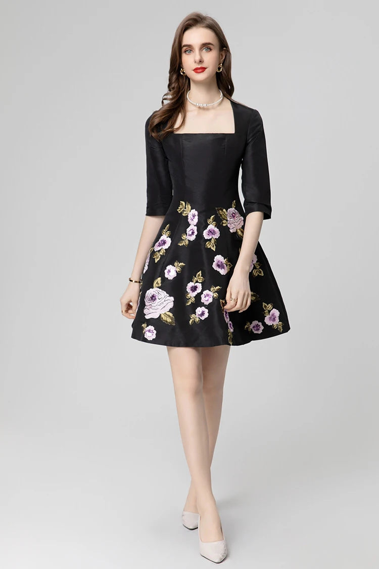 Exquisite Embroidered Flowers Half Sleeve Skirt Dress