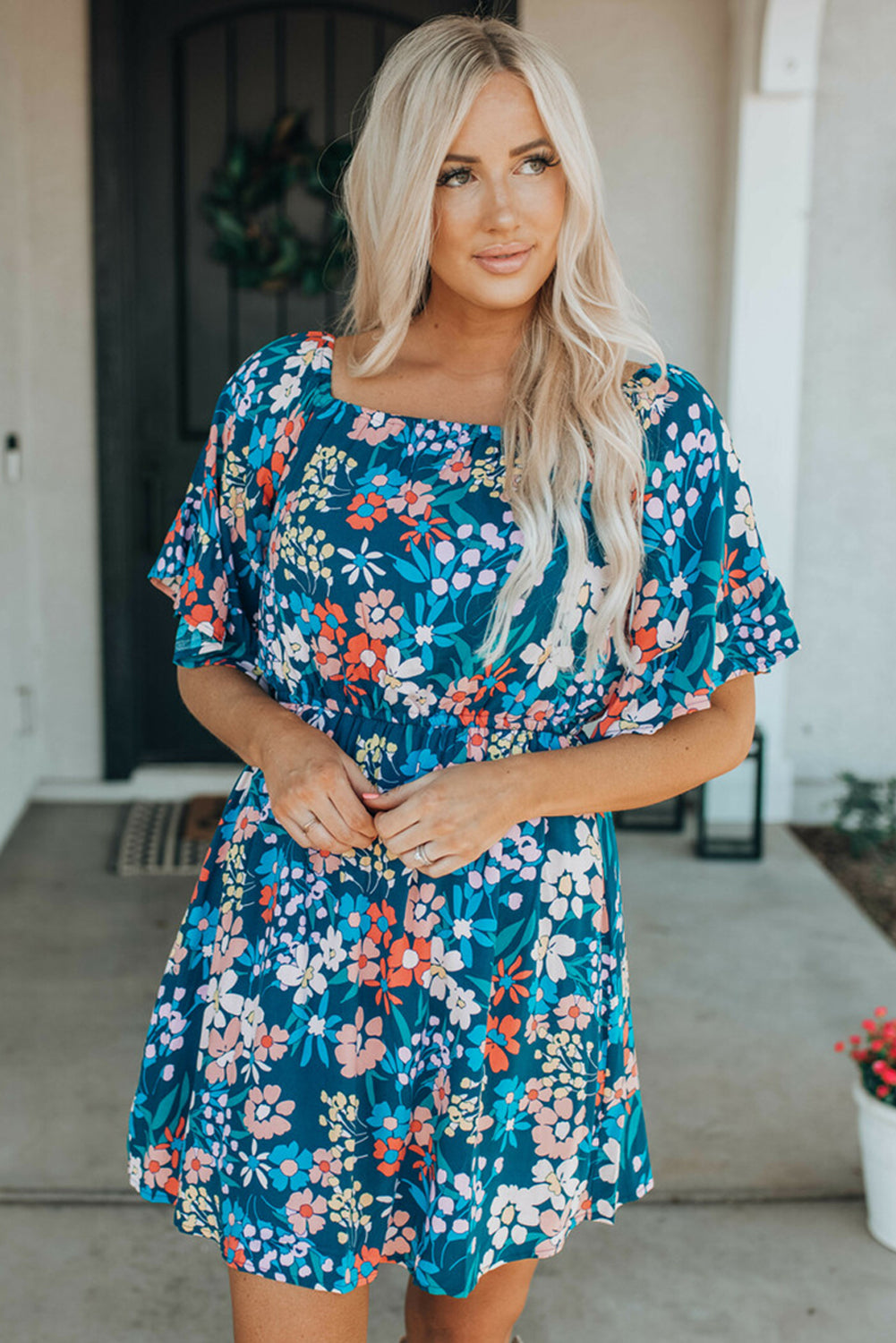 Blue Square Neck Ruffle Floral Dress