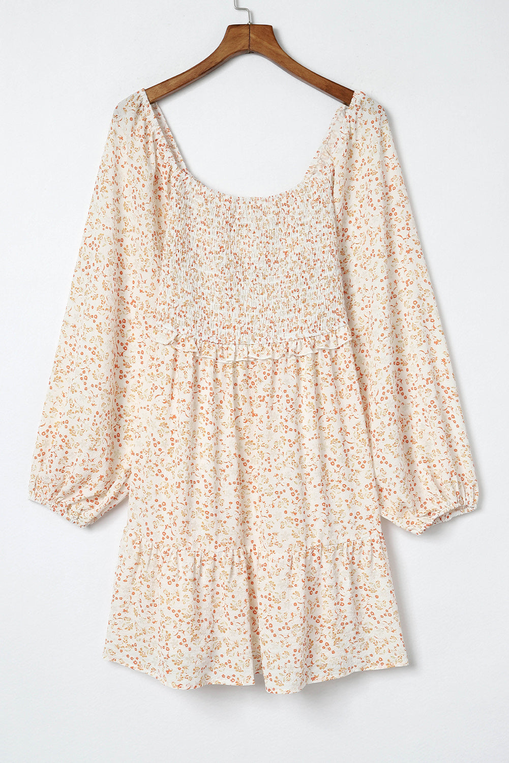 Apricot Boho Floral Smocked Puff Sleeve Mini Dress