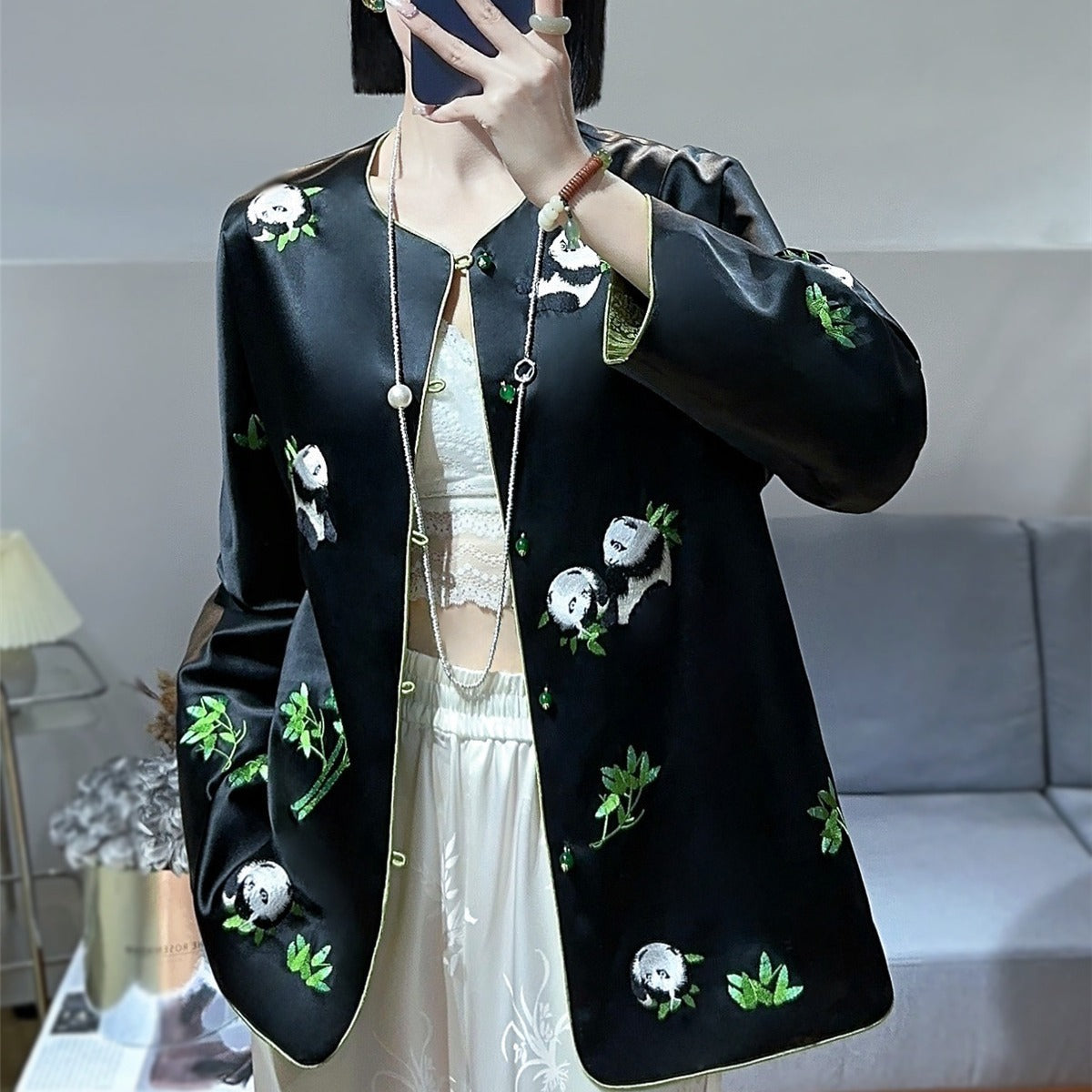 Women's Fashion Color Contrast Embroidered Panda Coat Top