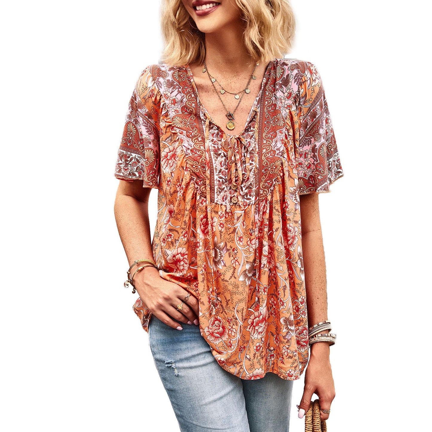 Camisa estampada asiática Top informal con cuello para mujer