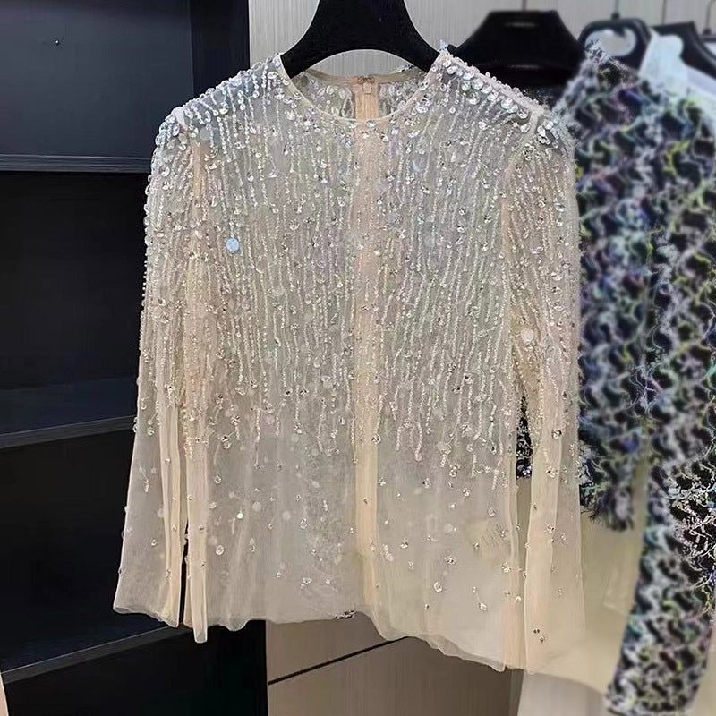 Diamond Blouse Crystal-studded Sequins Mesh Top Women