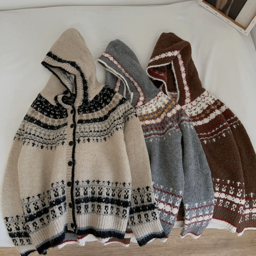 Women's Vintage Contrast Color Hooded Sweater