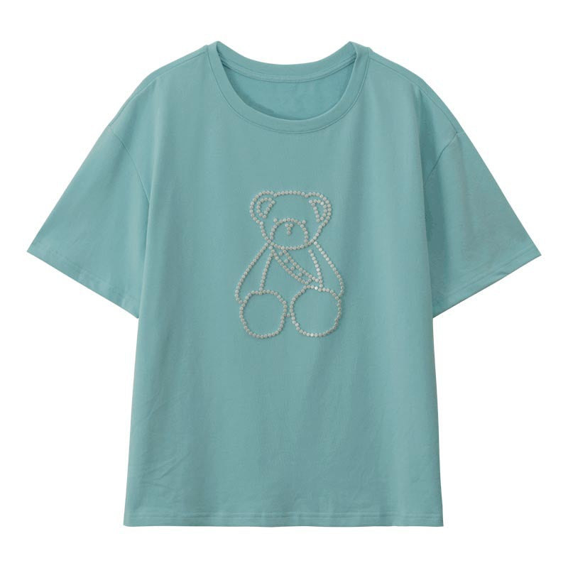 Damen-T-Shirt mit Rundhalsausschnitt und losen Perlen und Bärenmuster