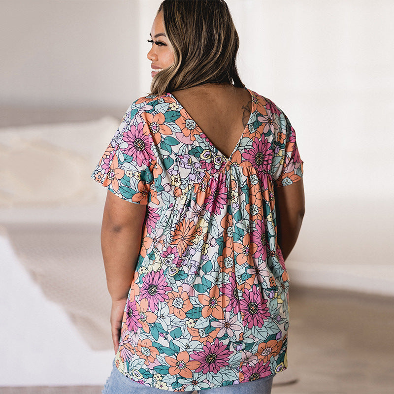 Top con cuello en V plisado suelto y estampado floral de verano