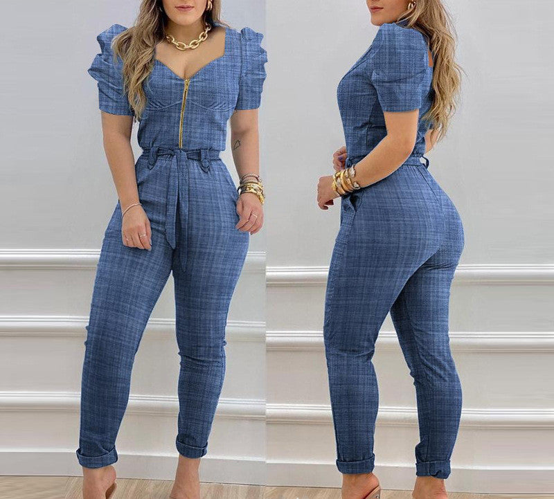 Europäischer und amerikanischer Jumpsuit mit Puffärmeln und Schnürung für Damen