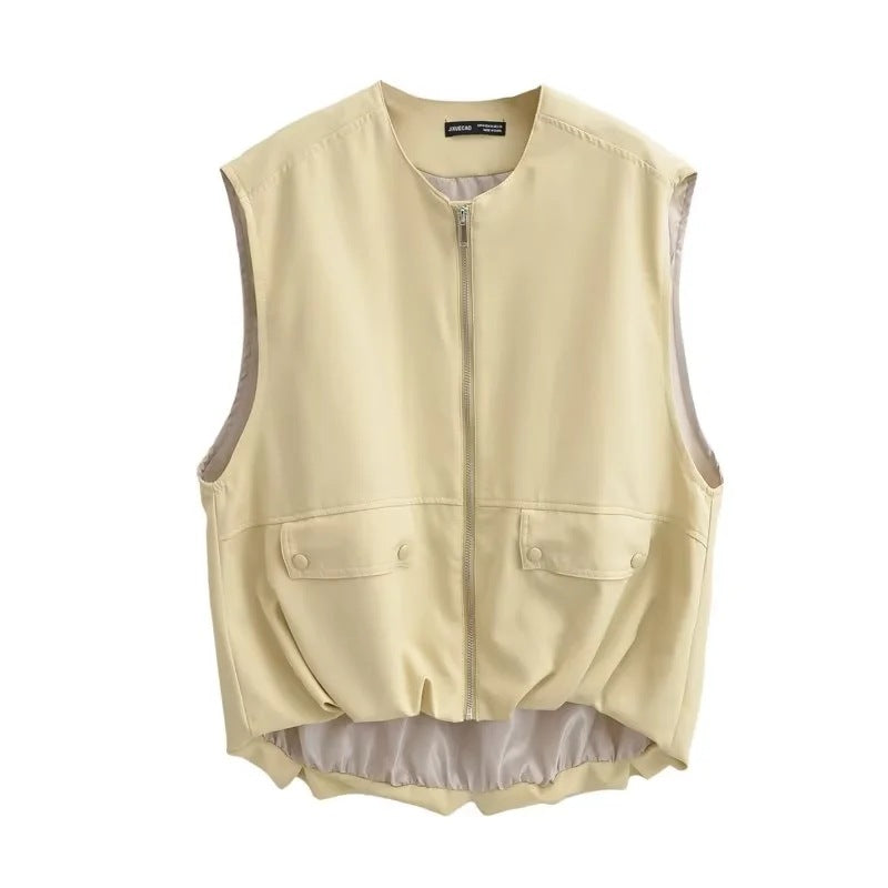 Casual Round Neck Sleeveless Loose Zipper Pleated Vest