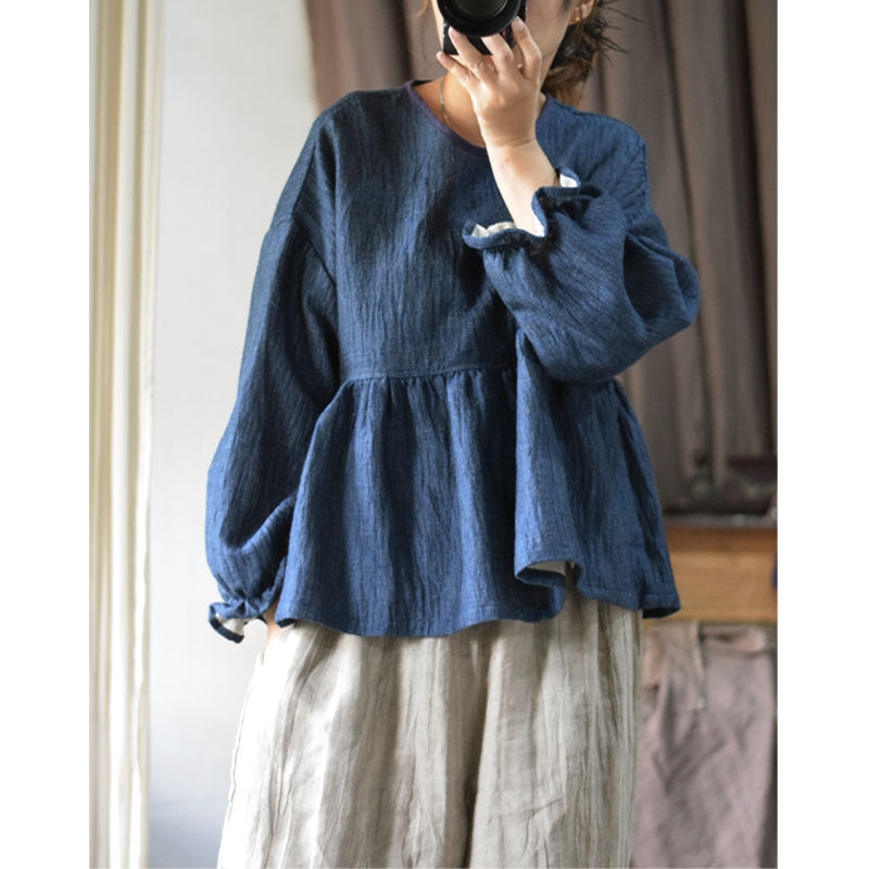 Double-layer Linen Round Neck Cute Anti-aging French Retro Blouse