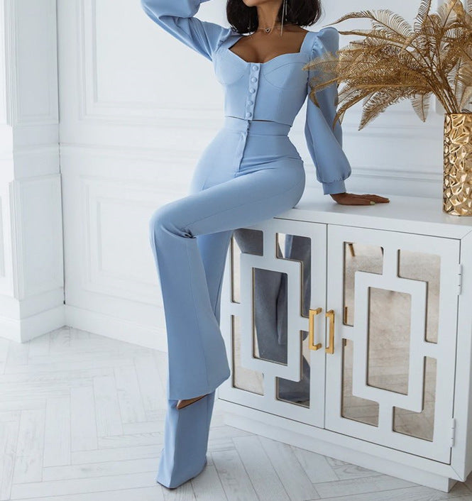 Casual Palace Style Bishop Sleeves Top Bell-bottom Pants Suit