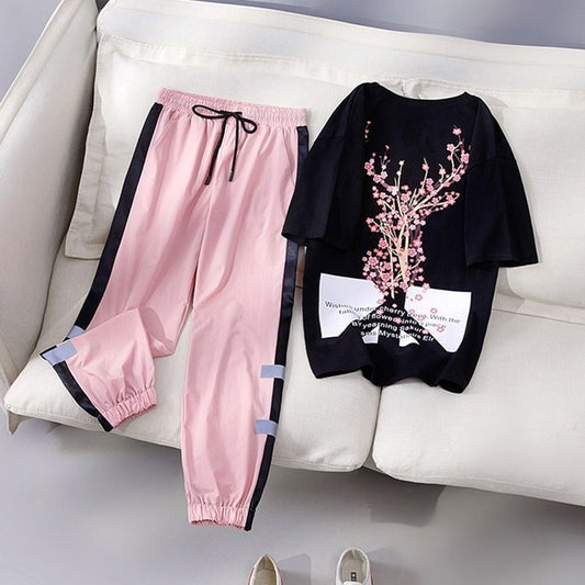 Fashion Casual Exercise Suit Women's Short-sleeved Summer Korean Style Loose Slimming Student Pants Two-piece Suit Fashion