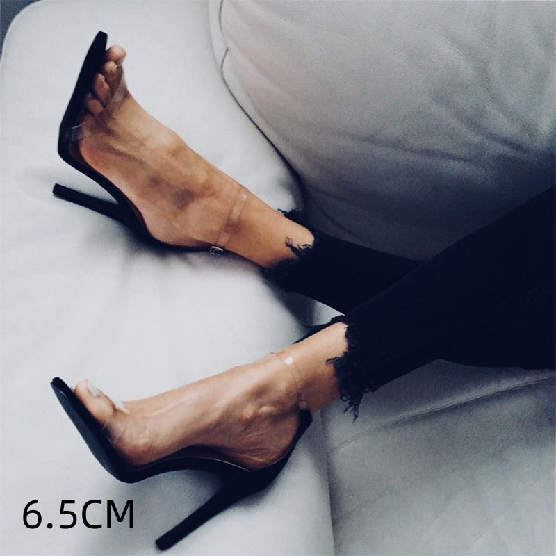 Sandalias de tacón alto transparentes con correa de moda sencilla de cuero genuino