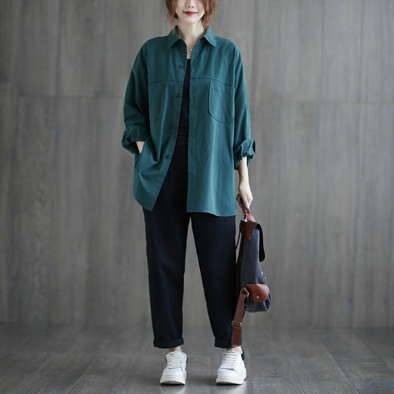 Solid Color Long-sleeved Shirt Jacket Plus Size Women's Clothing