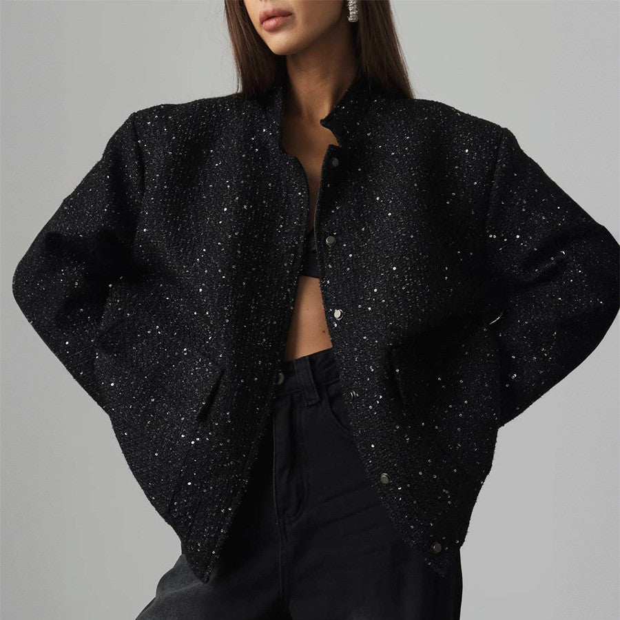 Gold Silk Sequin Jacket Women's Fashion Stand Collar