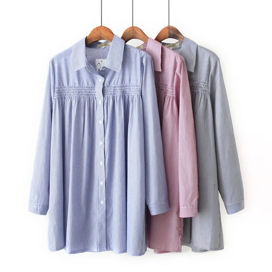 Cotton Striped Mid-Length Loose-Fitting Long-Sleeved Shirt