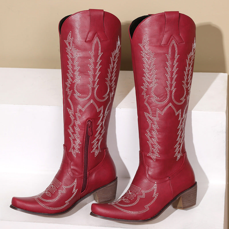 Women's Mid Heel Knee-high Boots Embroidery Vintage