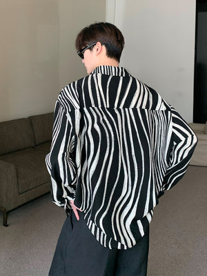 Contrasting Color Zebra Print Lapel Shirt Men's Loose Long-sleeved Shirt