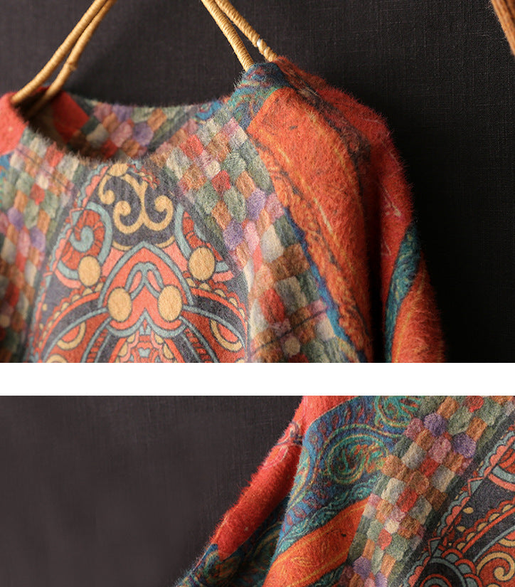 Women's Vintage Printed Imitation Mink Round Neck Sweater