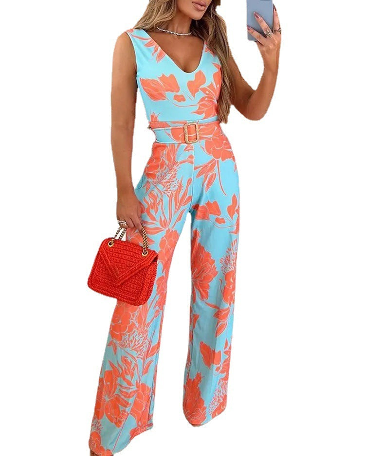 European And American New Women's Printed V-neck Sleeveless Jumpsuit