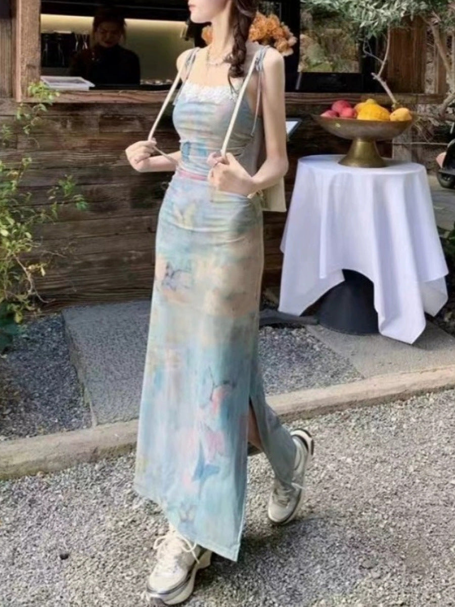 Vestido femenino con tirantes y estampado de pintura al óleo, mariposa, sueño