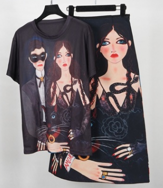 Brother and sister print T-shirt night couple masquerade cartoon character skirt