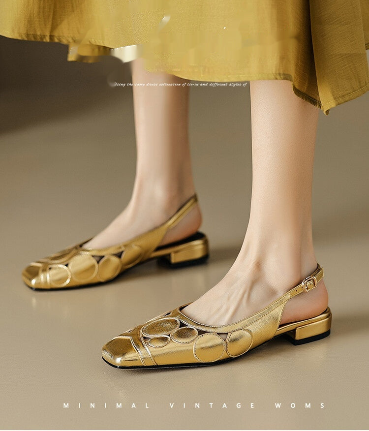 Mode Sommer Neue Zehenkappe Weibliche Quadratische Zehen Niedrigen Absatz Zurück Riemen Schnalle Gold Silber Hohl Elegante Damenschuhe